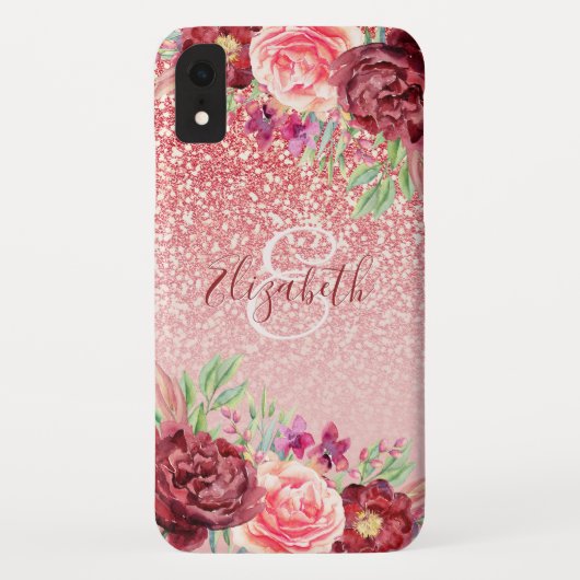 Burgundy Floral Rose Gold Glitzer Personalisiert Case-Mate iPhone Hülle (Rückseite)