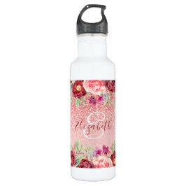 Burgundy Floral Rose Gold Glitzer Personalisiert Edelstahlflasche