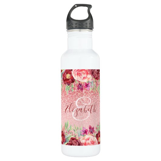 Burgundy Floral Rose Gold Glitzer Personalisiert Edelstahlflasche (Vorderseite)