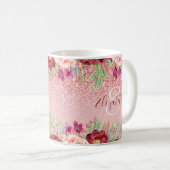 Burgundy Floral Rose Gold Glitzer Personalisiert Kaffeetasse (VorderseiteRechts)
