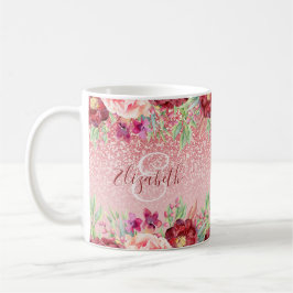 Burgundy Floral Rose Gold Glitzer Personalisiert Kaffeetasse
