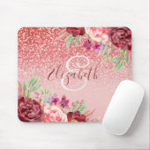 Burgundy Floral Rose Gold Glitzer Personalisiert Mousepad (Mit Mouse)