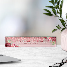 Burgundy Floral Rose Gold Glitzer Personalisiert Namensplakette