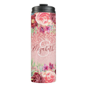 Burgundy Floral Rose Gold Glitzer Personalisiert Thermosbecher
