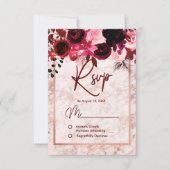 Burgundy Floral & Rose Gold marmorierte Hochzeit R RSVP Karte (Vorderseite)