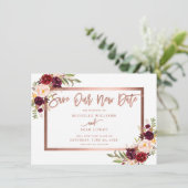Burgundy Floral Rose Gold Rettete unser neues Datu Save The Date (Stehend Vorderseite)