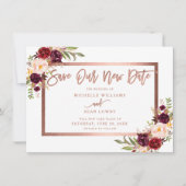 Burgundy Floral Rose Gold Rettete unser neues Datu Save The Date (Vorderseite)