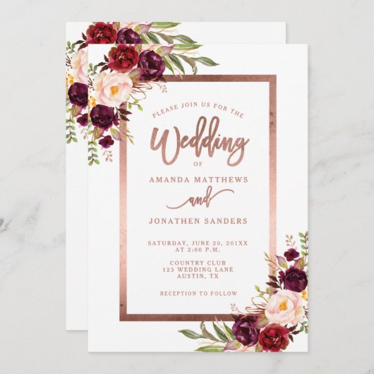 Burgundy Floral Rose Gold Script Hochzeit Einladung (Vorne/Hinten)