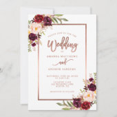 Burgundy Floral Rose Gold Script Wedding Einladung (Vorderseite)