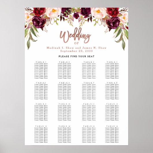 Burgundy Floral Rose Gold Wedding Chart Poster (Vorne)