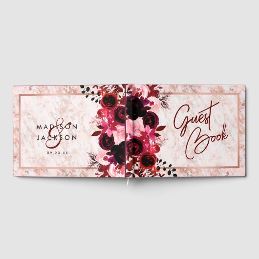 Burgundy Floral & Rose Gold Wedding Monogram Gästebuch (Voll)
