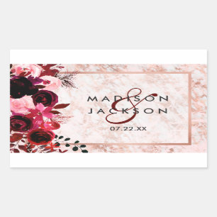 Burgundy Floral & Rose Gold Wedding Monogram Rechteckiger Aufkleber
