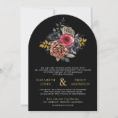 Burgundy Floral Rose QR Code Foto Black Wedding Einladung (Vorderseite)