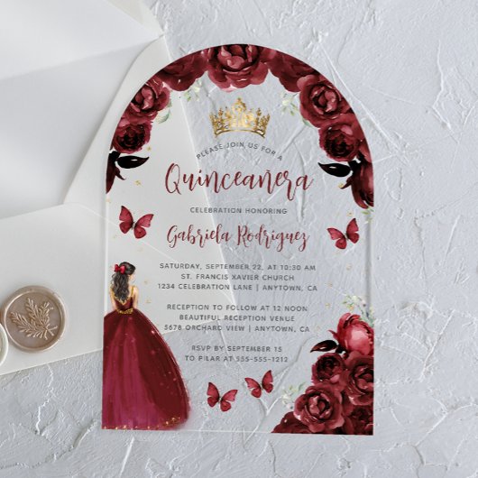 Burgundy Floral Rose Wasserfarbe Quinceañera Acryleinladungen