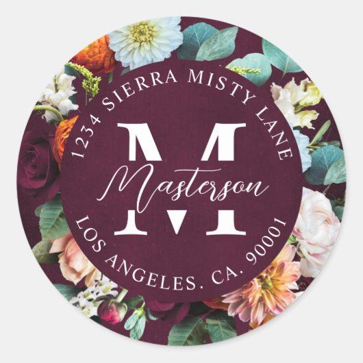 Burgundy Floral Rücksendeadresse Umschlag Aufklebe Runder Aufkleber (Vorderseite)