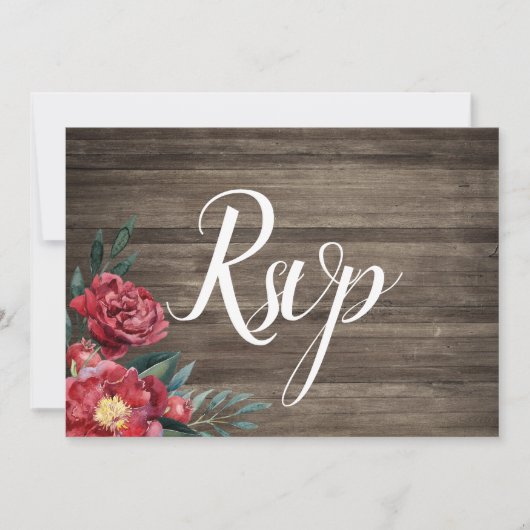 Burgundy Floral Rustic Barn Wood Rsvp Card Einladung (Vorderseite)