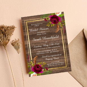 Burgundy Floral Rustic Gold Rose Brautparty Einladung