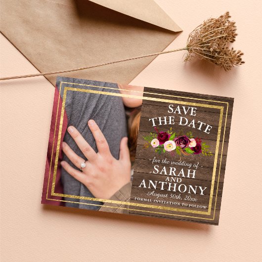 Burgundy Floral Rustic Gold Rose Save the Date