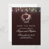 Burgundy Floral Rustic Lantern Save the Date Ankündigungspostkarte (Vorne/Hinten)