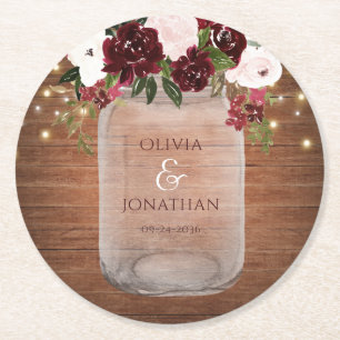 Burgundy Floral Rustic Mason Jar Wedding Runder Pappuntersetzer