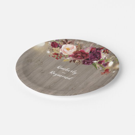 Burgundy Floral Rustic Pappteller (Schrägansicht)