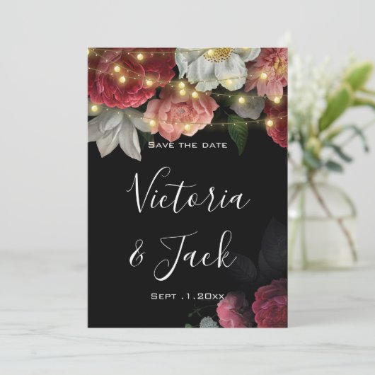 Burgundy Floral Rustic String speichern Sie die Da Einladung (Stehend Vorderseite)