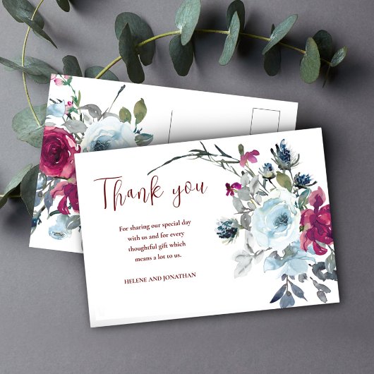Burgundy Floral Rustic Wedding Vielen Dank Postkarte