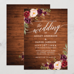 Burgundy Floral Rustic Wood Calligraphy Wedding Einladung