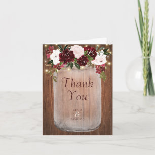 Burgundy Floral Rustic Wood Mason Jar Wedding Dankeskarte