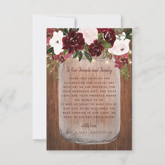 Burgundy Floral Rustic Wood Mason Jar Wedding Dankeskarte (Rückseite)