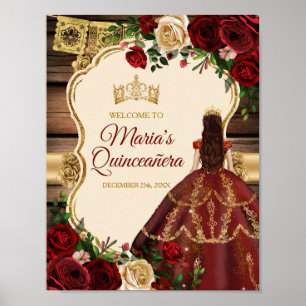 Burgundy Floral Rustic Wood Mis Quince Willkommen Poster