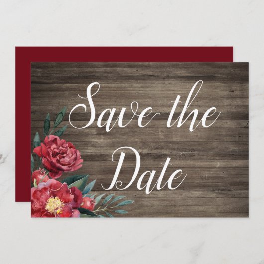 Burgundy Floral Rustic Wood Save the Date Karte (Vorne/Hinten)