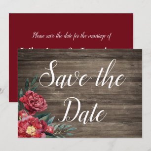 Burgundy Floral Rustic Wood Save the Date Karte