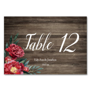 Burgundy Floral Rustic Wood Wedding Tischnummer