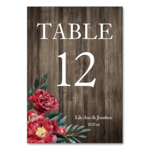 Burgundy Floral Rustic Wood Wedding Tischnummer