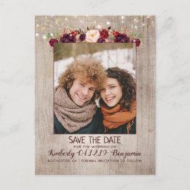 Burgundy Floral Rustikales Foto Save the Date Ankündigungspostkarte