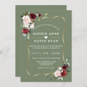 Burgundy Floral Sage Green All In One Wedding   Einladung (Vorne/Hinten)