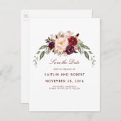 Burgundy Floral Save the Date Ankündigungspostkarte (Vorne/Hinten)