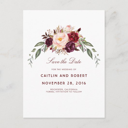 Burgundy Floral Save the Date Ankündigungspostkarte (Vorderseite)