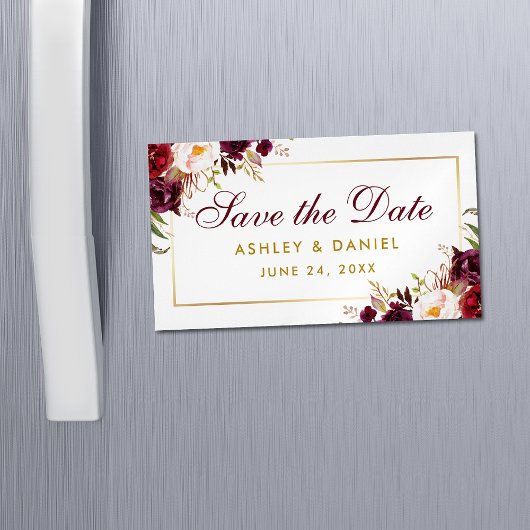Burgundy Floral Save the Date Gold Mini Magnet