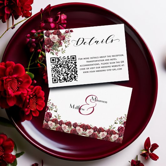 Burgundy Floral Script QR Code Hochzeitdetails Begleitkarte