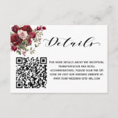 Burgundy Floral Script QR Code Hochzeitdetails Begleitkarte (Vorderseite)