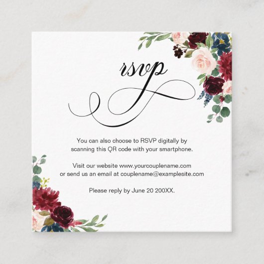 Burgundy Floral Script QR Code Wedding RSVP Card Begleitkarte (Vorderseite)