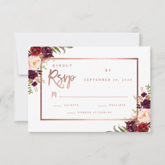 Burgundy Floral Script Rose Gold Wedding RSVP Karte (Vorderseite)