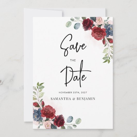Burgundy Floral Script Wedding Save The Date (Vorderseite)