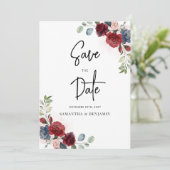 Burgundy Floral Script Wedding Save The Date (Stehend Vorderseite)