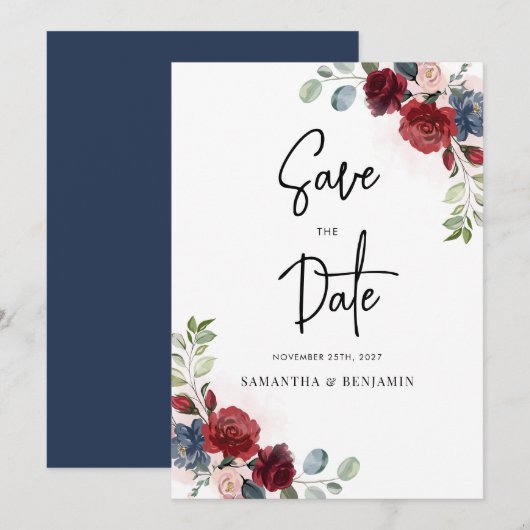 Burgundy Floral Script Wedding Save The Date (Vorne/Hinten)