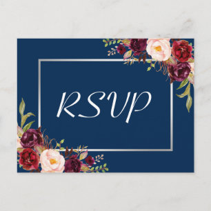 Burgundy Floral Silber Grau Navy Blau Hochzeit RSV Einladungspostkarte