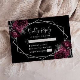 Burgundy Floral Silver Frame Black RSVP Card