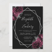 Burgundy Floral Silver Frame Black Wedding Einladung (Vorderseite)